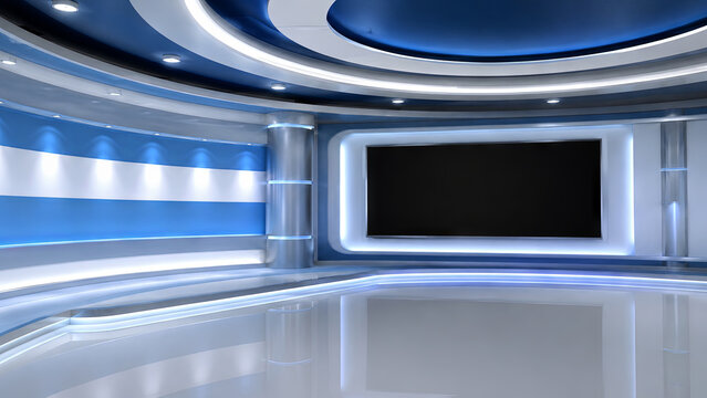 Tv Studio. Blue studio. Backdrop for TV shows .TV on wall. News studio. The perfect backdrop for any green screen or chroma key video or photo production. 