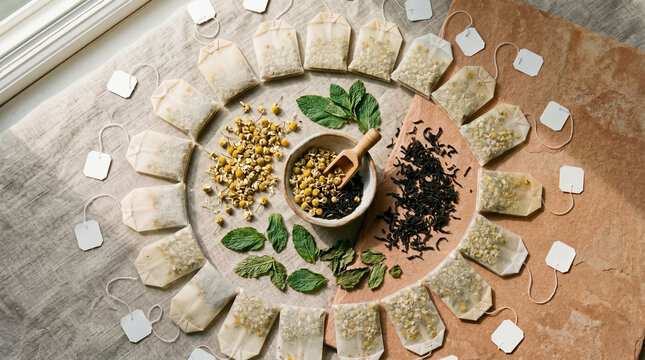 assorted tea bags and dry herbs arranged in a circle on fabric background