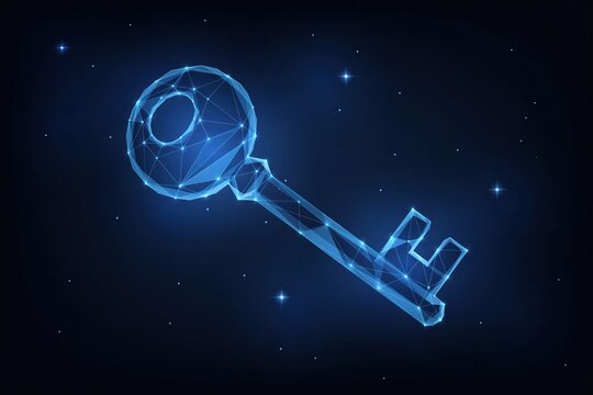 Cyber security key vector illustration. Glowing digital polygon mesh symbol. Futuristic data protection concept