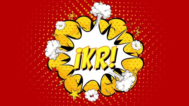 Comic book style IKR text animation with yellow explosion on red background