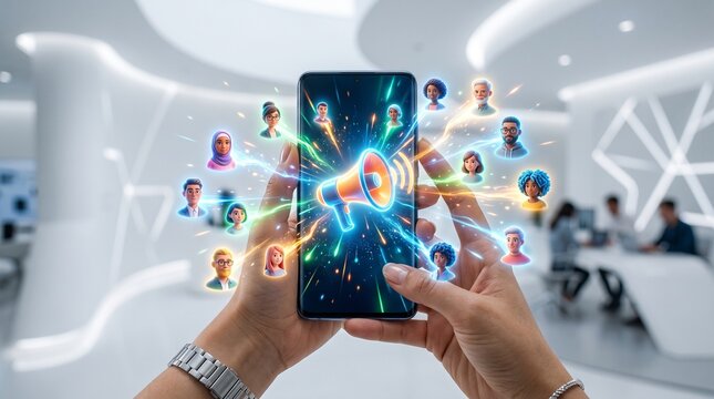 Digital marketing concept with smartphone holding megaphone holographic overlay, social media connection, global network reaching diverse audience online