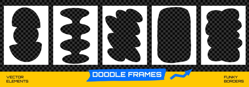 Frame and figure border with abstract geometric shape for photo. Doodle figure frames with transparent cutout on white background. Vector set of funky kid callout elements for playful design