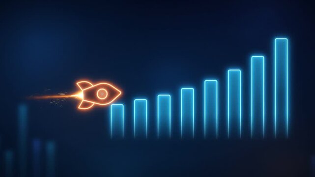 Rocket neon icon flying beside a rising blue bar chart and launching upward past a growth arrow