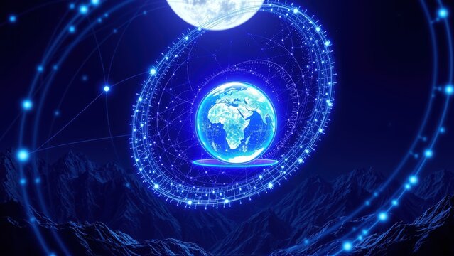 Glowing Earth rests upon laptop. Digital rings surround planet, connecting data points. Mountains form base, creating futuristic scene.