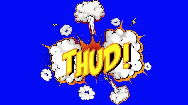 Comic book style Thud text animation with explosion effect on blue background