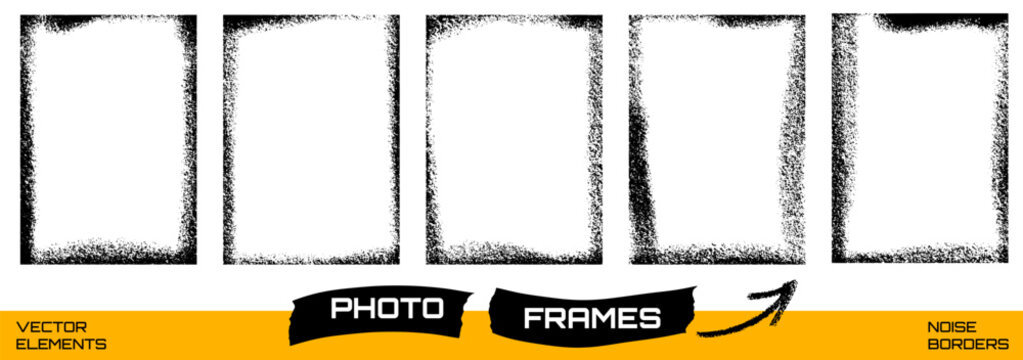 Photo frame set with five vertical rectangles and grain edges. Black photo borders fade with stippled texture. Vector cadre frame set for social media post or poster design or punk flyer promo