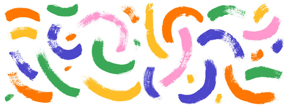 Brush arc set of wide rainbow arches with curly strokes on white. Funky ribbon shapes in pink orange and violet wrap every brush. Hand drawn vector curve collection for web banner or flyer design