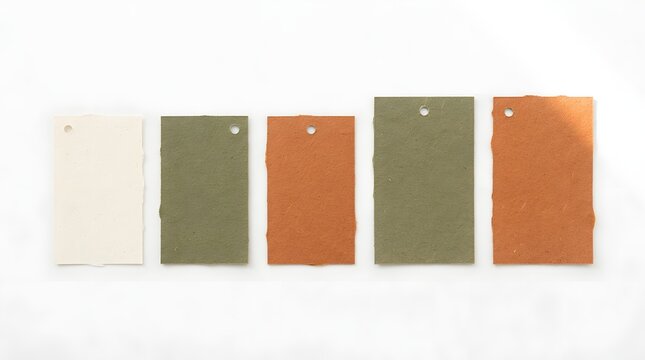 Five textured paper tags in neutral earth tones with punched holes for gift labels or branding.