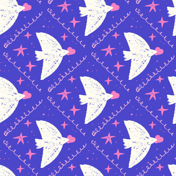 Bird dove pattern with white silhouettes on deep blue night background. Naive birds carry pink hearts in a romantic seamless vector pattern for fabric. Love print for wallpaper and aop