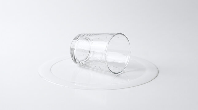 A clean, transparent drinking glass lies on its side on a white surface, casting a faint shadow