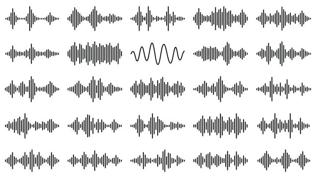 Podcast sound waves set. Waveform pattern for music player, podcast, voise message, music app. Audio wave icon. Equalizer template. Vector illustration isolated on white background.