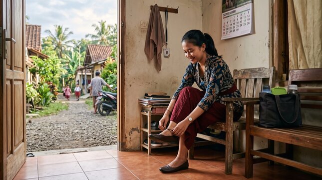 Authentic Indonesian families wearing shoes before leaving home, featuring traditional clothing, multigenerational moments, local homes, school routines, and everyday cultural life.