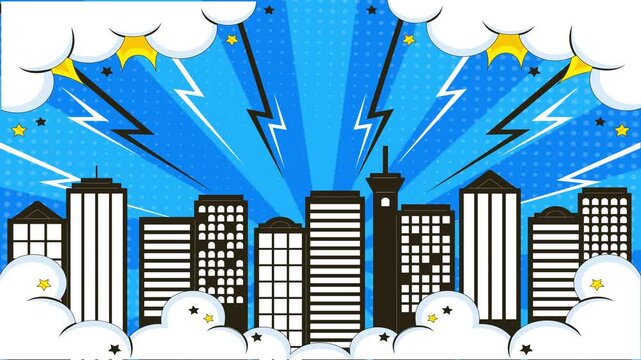Pop art comic book city skyline background with lightning and clouds