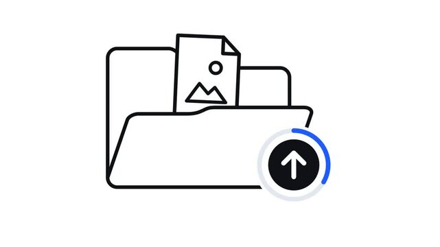 Minimal line icon folder uploading documents with a progress ring and checkmark on a white background
