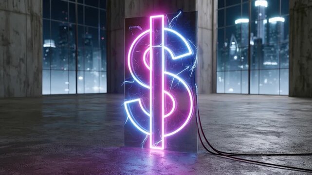 A glowing neon dollar sign illuminated with electric blue and pink light stands in a modern, industrial room. ..Created with Generative AI, not depicting real subjects.