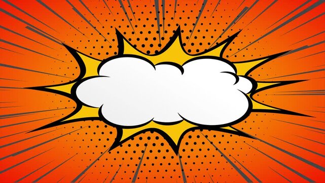 Comic book style explosion speech bubble with orange radial lines and copy space