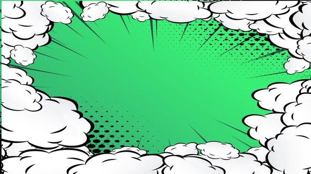 Comic book style green background with white clouds and action speed lines