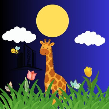 Vector illustration of a cute cartoon giraffe standing in a grassy field with flowers under a full moon night sky. Whimsical night landscape vector art.   