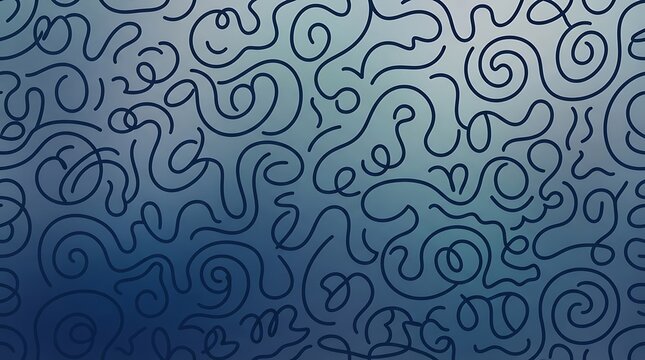 Seamless pattern of dark blue hand drawn squiggly lines and loops on a light blue gradient background, abstract minimalist wallpaper