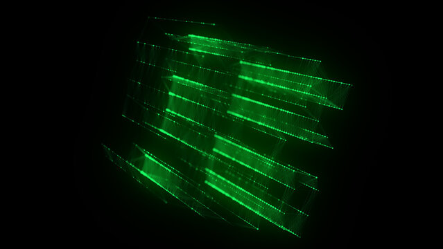 Abstract green cube with connecting dots and lines. Big data visualization. Blockchain technology concept. Wireframe network connection structure. 3d rendering.