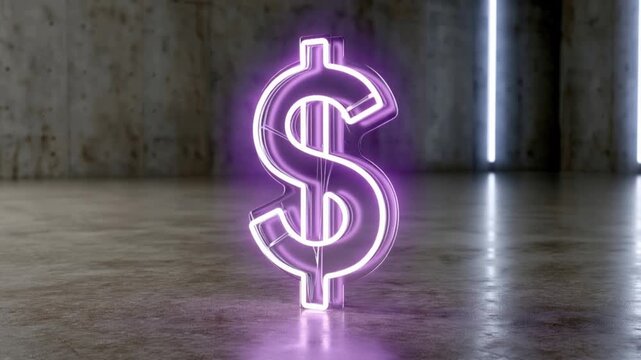 A glowing neon dollar sign, illuminated in vibrant purple, casts an ethereal glow on a textured concrete surface. ..Created with Generative AI, not depicting real subjects.