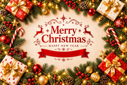 Weihnachtskarte mit Merry Christmas Schriftzug, Geschenken und Tannenzweigen als festlicher Hintergrund
