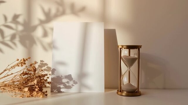 Hourglass, Dried Flower, Blank Paper, Warm Sunlight Still Life Shadow