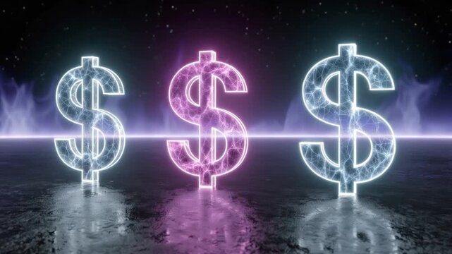 Three glowing dollar signs, illuminated by neon light, stand majestically on a wet, reflective surface. ..Created with Generative AI, not depicting real subjects.