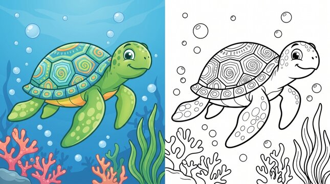 Sea turtle vector illustration and black and white coloring page comparison under water
