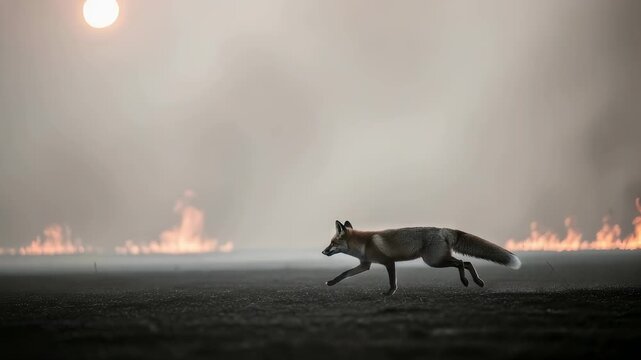Fox running away from fire across a smoky field with sun or moon. Wildlife escape from danger concept.