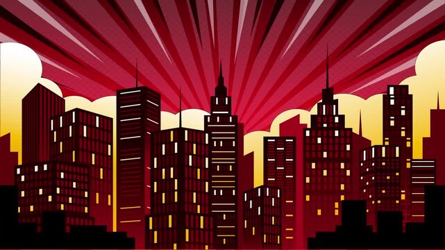 Comic book style city skyline with red sunburst background for urban design