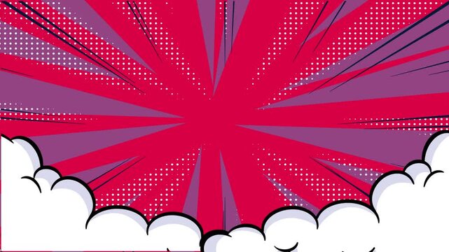 Comic book style red sunburst background with white clouds and halftone pattern