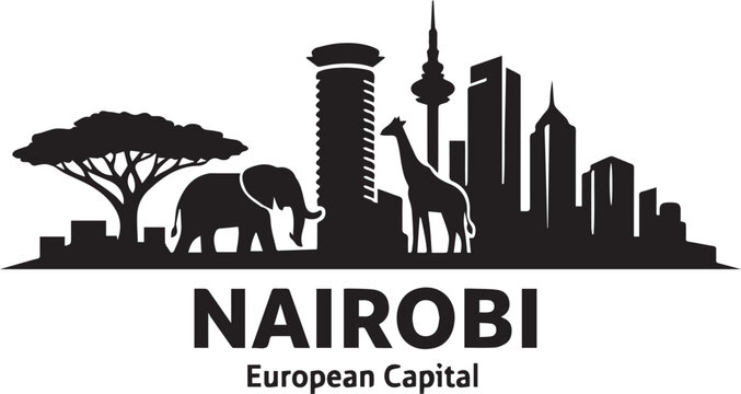 Nairobi city skyline featuring iconic buildings and african wildlife in a creative black and white vector silhouette