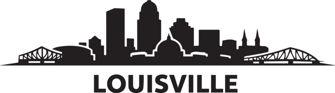 Minimalist black and white graphic illustration of the louisville kentucky city skyline in a distinctive artistic silhouette