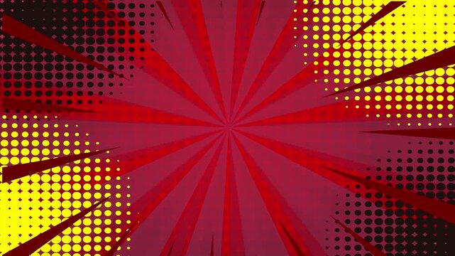 Comic book style red and yellow sunburst background with halftone dot pattern