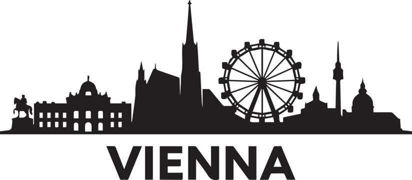 Minimalist black and white graphic design featuring the famous landmark skyline of vienna in a stylized silhouette