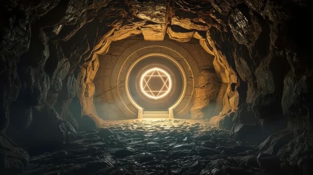 Cave Entrance with Glowing Geometric Symbol Portal and Mystical Rocky Tunnel Floor