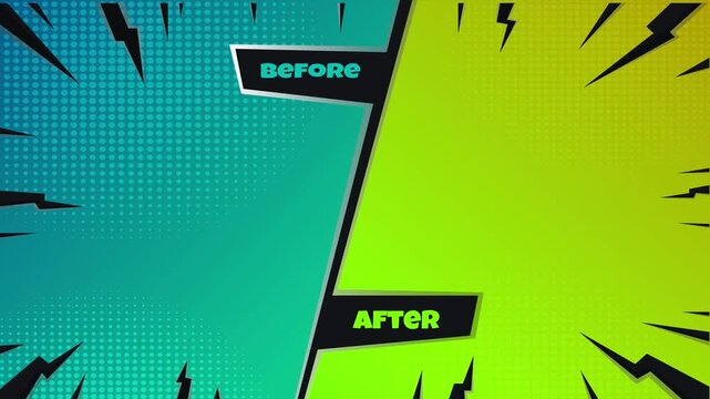 Before and after comparison screen with split screen graphic and copy space