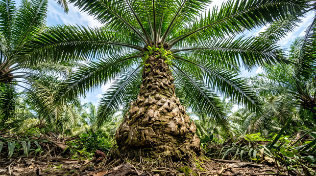 Dramatic ground-level perspective of a tall oil palm tree, highlighting its textured trunk and expansive green canopy against a tropical sky.