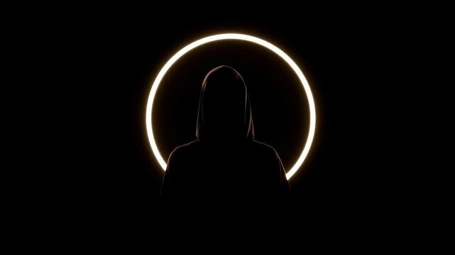 Silhouette Person Against Glowing Ring Backlight in Darkness, Mysterious Anonymous Portrait