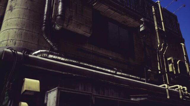 Sunlit industrial wall with metallic pipes and riveted panels, vintagefuture aesthetic, clear sky highlight on metal sheen, rooftop equipment and brackets