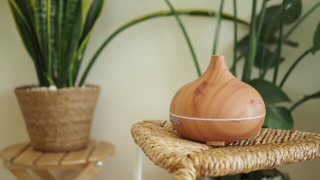 A static wide shot of a wood-grain essential oil diffuser with changing colors on a woven stand beside two houseplants.