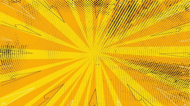 Yellow comic book style sunburst background with halftone dots and radial lines