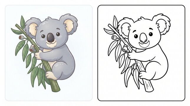 Koala coloring page vector illustration with colored reference and black and white outline