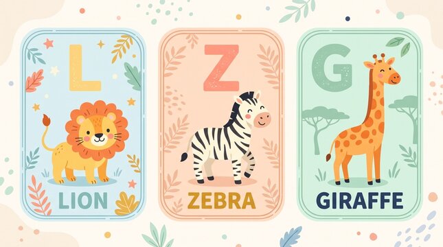 Cute animal alphabet flashcards featuring zebra for letter Z in pastel nursery design