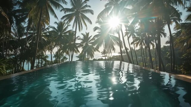 Infinity Pool Tropical Palm Sunlight Reflection Turquoise Water Swimming Pool Escape