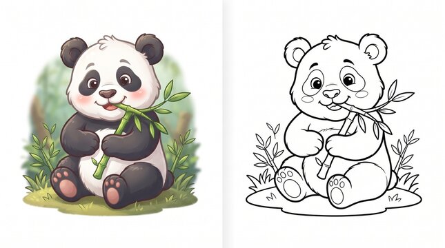 Cute panda illustration and coloring book page comparison showing a colored artwork next to a black and white outline drawing eating bamboo