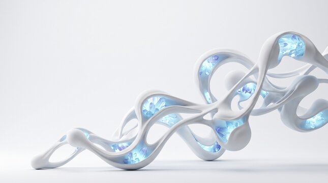  White ceramic biomorphic composition of smooth looping ribbons with soft shadows on a seamless bright background suggesting minimalist sculpture fluid motion and elegant organic design