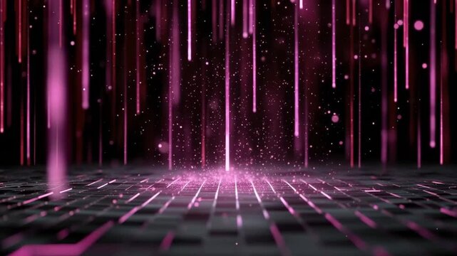 A digital rain of glowing pink particles descends upon a futuristic, tiled surface, creating a mesmerizing and abstract visual spectacle. ..Created with Generative AI, not depicting real subjects.