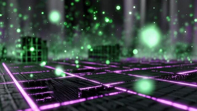 An abstract digital network or cyberspace, with glowing green particles and vibrant purple grid lines. ..Created with Generative AI, not depicting real subjects.